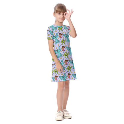 Purple Friendly Monsters Kid's Short Sleeve Dress