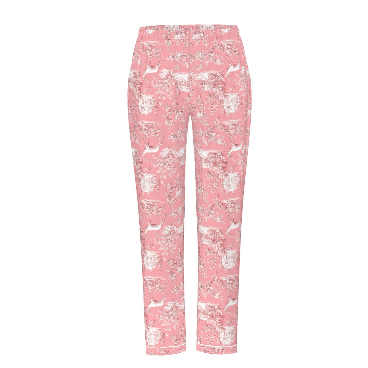 Pink Christmas Toile Women's Long Sleeve Pajama Set With White Contrast Piping