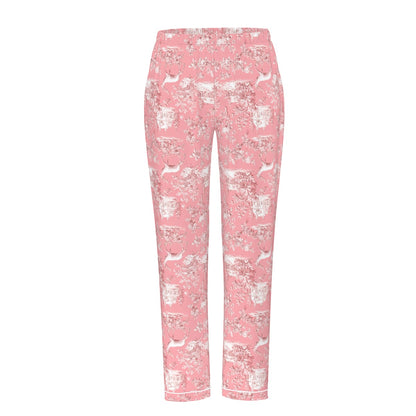 Pink Christmas Toile Women's Long Sleeve Pajama Set With White Contrast Piping
