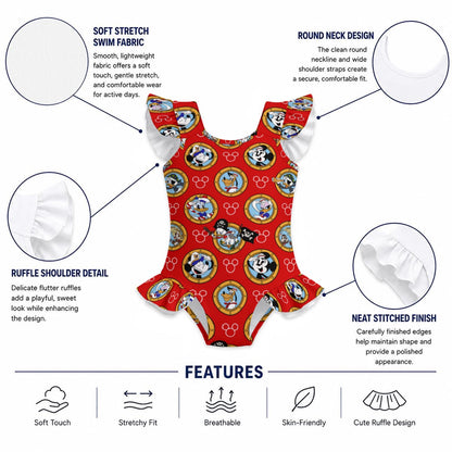 Red Porthole Friends Girls' Ruffle Sleeve Swimsuit With Bow