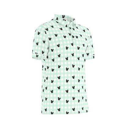 Green Gingham Men's Stretch Collar Polo Shirt