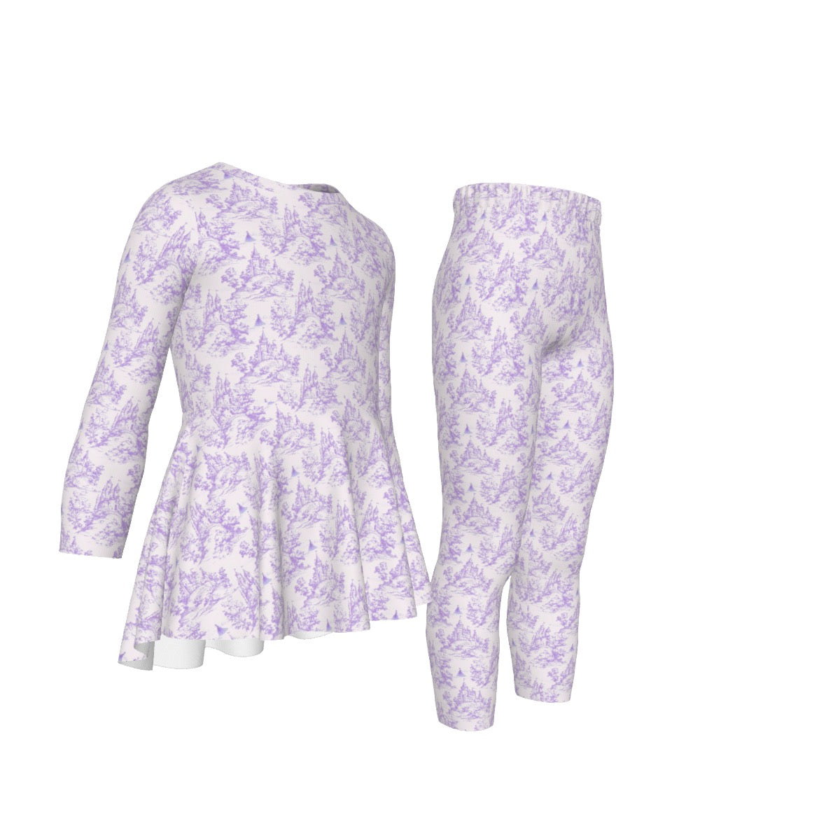 Purple Princess Castle Toile Girls LS Pants Set