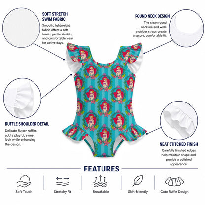 Striped Teal Mermaid Frame Girls' Ruffle Sleeve Swimsuit With Bow