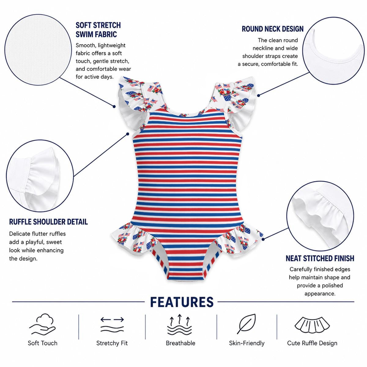RWB Stripe Girls' Ruffle Sleeve Swimsuit With Bow