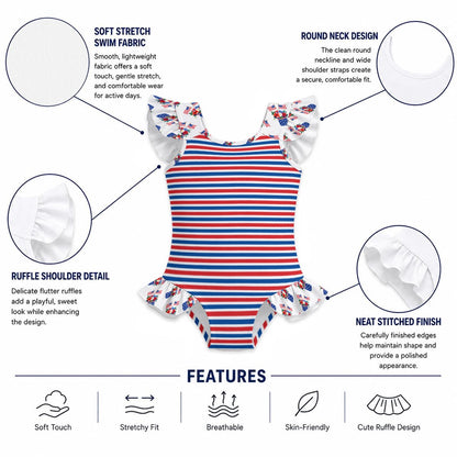 RWB Stripe Girls' Ruffle Sleeve Swimsuit With Bow