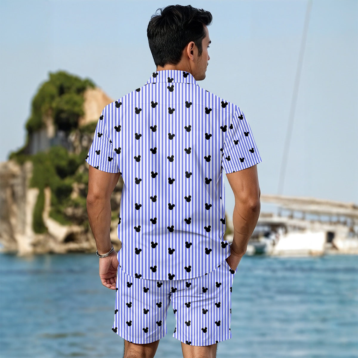 Bright Blue Striped Men's Summer Shirt Set