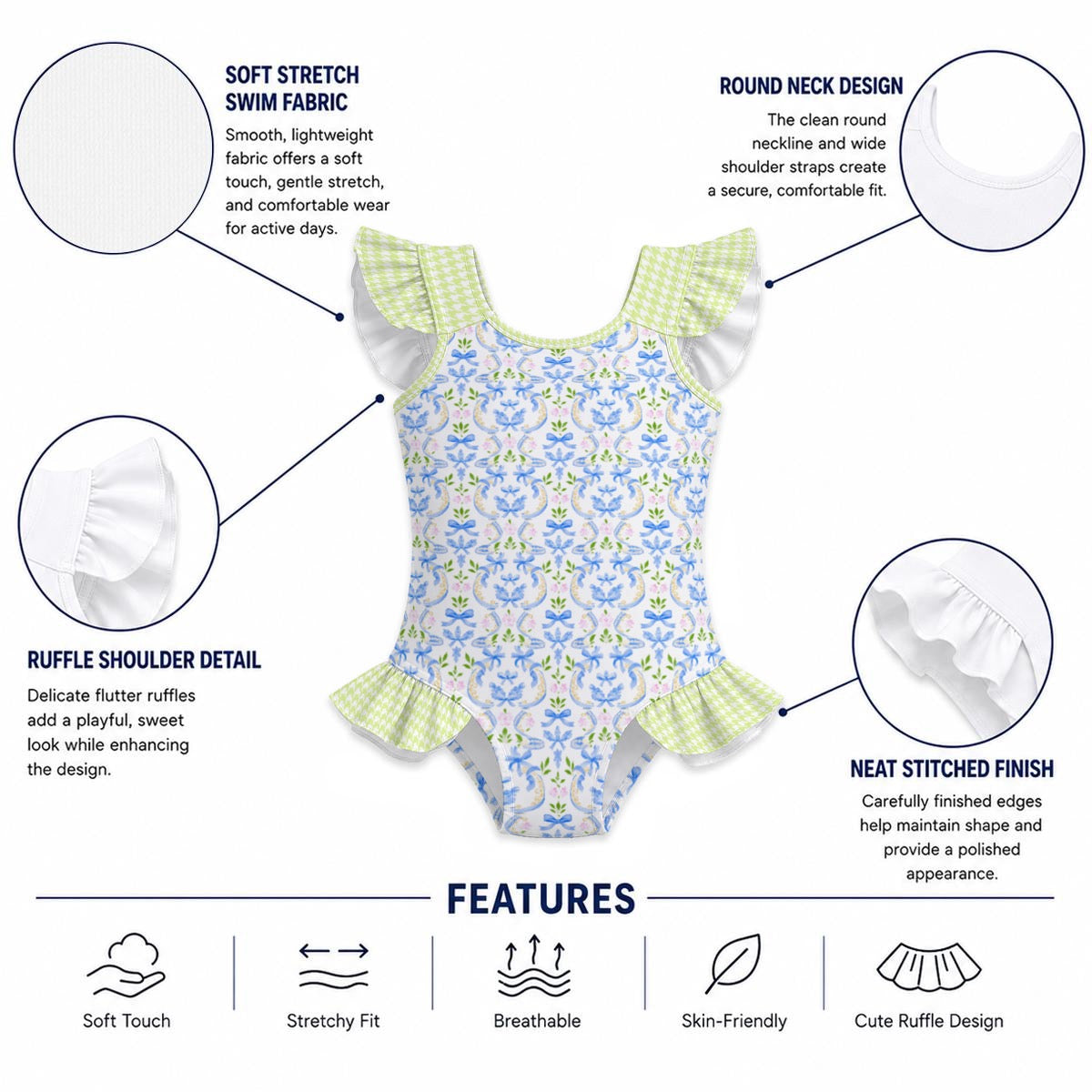 Grandmillenial Blue Bow & Grandmillenial Green Houndstooth Girls' Ruffle Sleeve Swimsuit