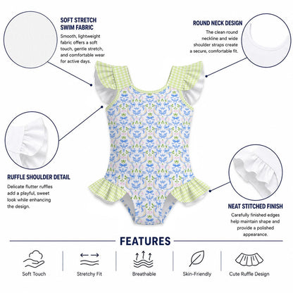 Grandmillenial Blue Bow & Grandmillenial Green Houndstooth Girls' Ruffle Sleeve Swimsuit