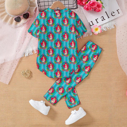Striped Teal Mermaid Frame Kids' Casual Top and Pants Set