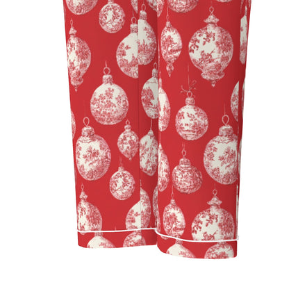 Red Toile Christmas Ornaments Women's Long Sleeve Pajama Set With White Contrast Piping