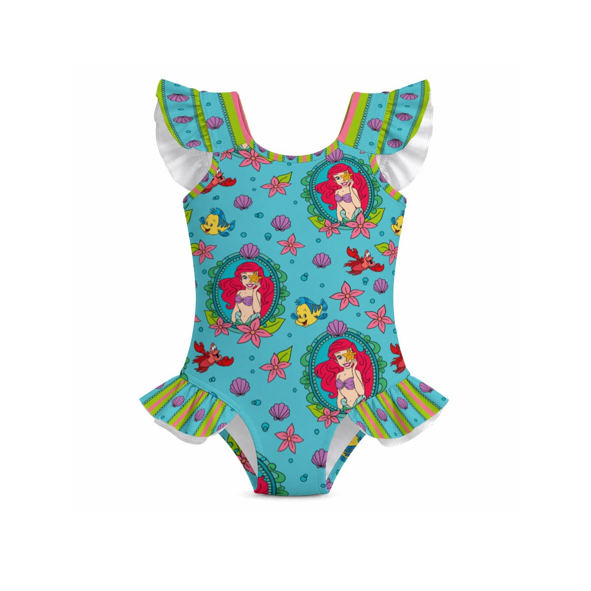 Teal Mermaid Frame Girls' Ruffle Sleeve Swimsuit With Bow