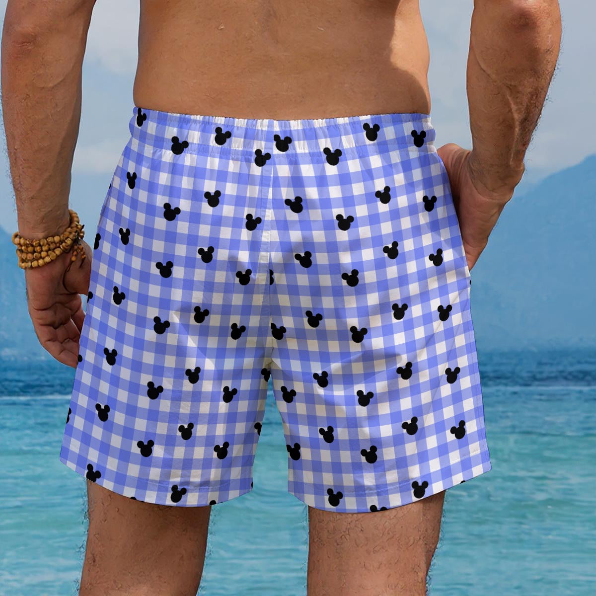 Bright Blue Gingham Men's Beach Shorts
