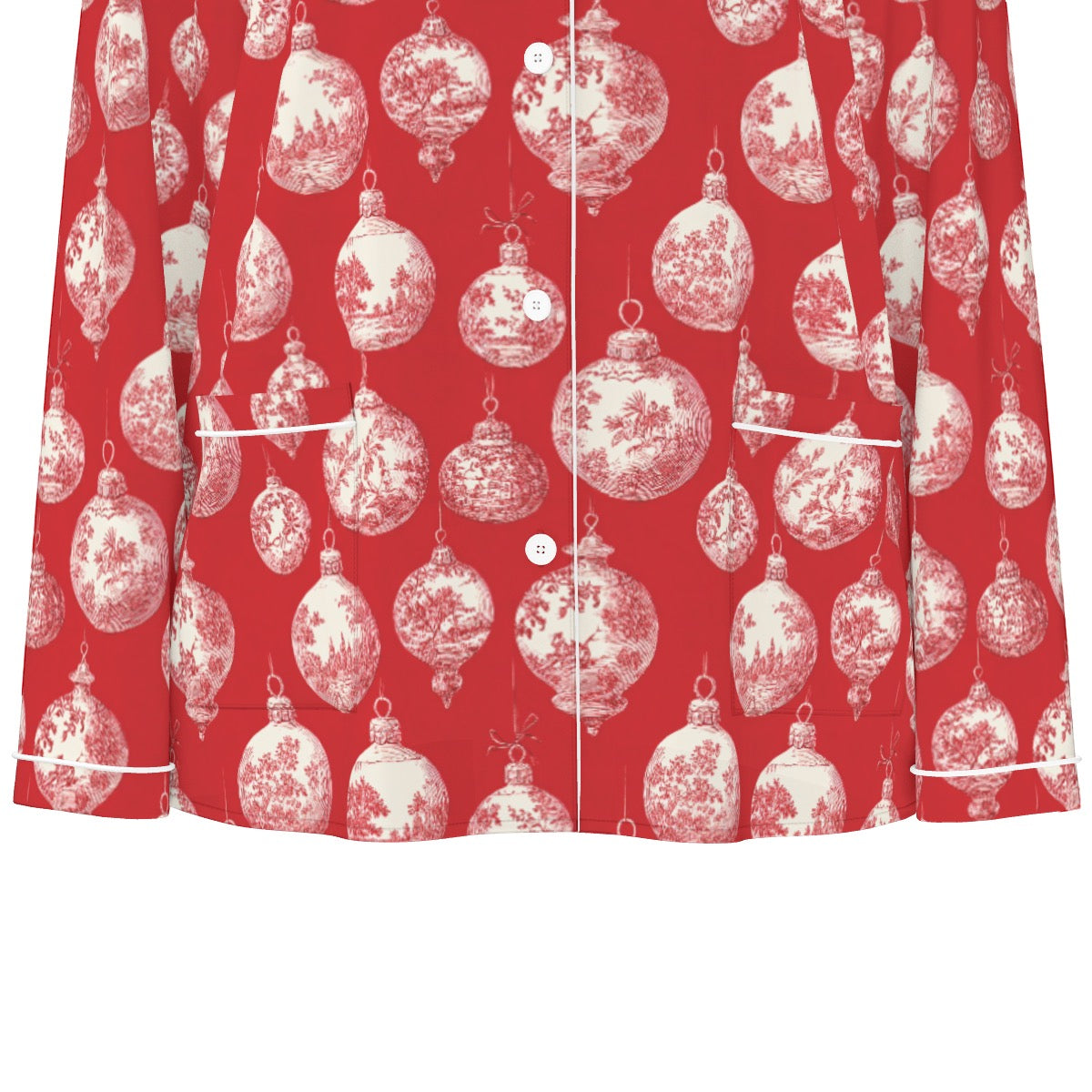 Red Toile Christmas Ornaments Women's Long Sleeve Pajama Set With White Contrast Piping