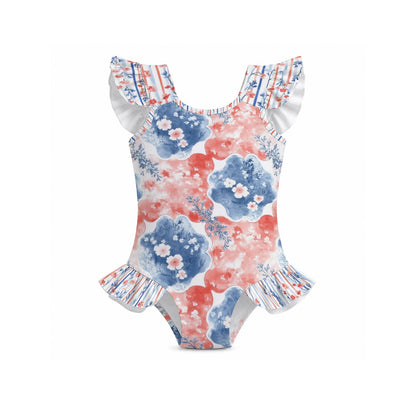 Patriotic Watercolor Floral Girls' Ruffle Sleeve Swimsuit With Bow