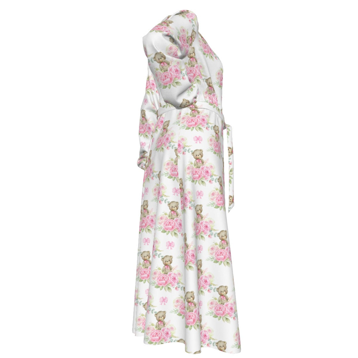 Pink Floral Teddy Bear Women's Lace-up Chiffon Robe