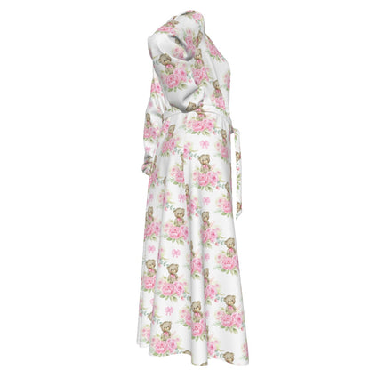 Pink Floral Teddy Bear Women's Lace-up Chiffon Robe