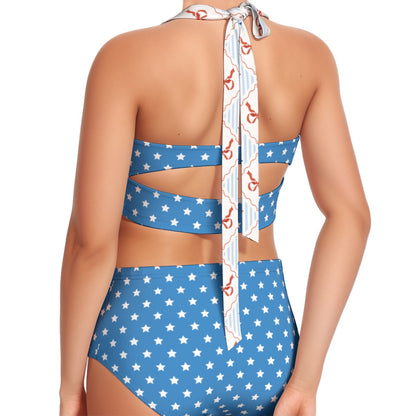 Patriotic Bows & Stars Women's Swimsuit Set With Halter