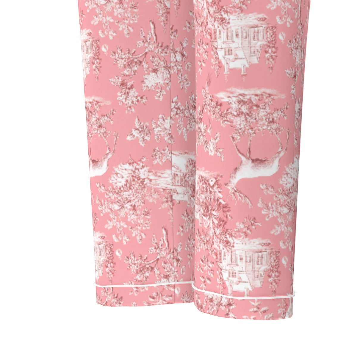 Pink Christmas Toile Women's Long Sleeve Pajama Set With White Contrast Piping