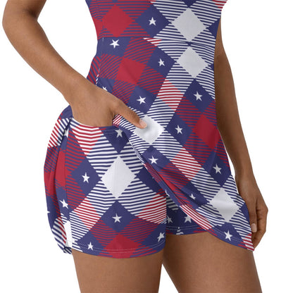 RWB Plaid Women’s Athletic Dress With Built‑In Shorts