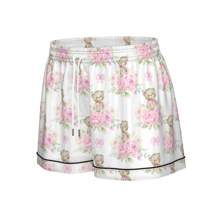 Pink Floral Teddy Bear Women's Pajama Set With Short Sleeve
