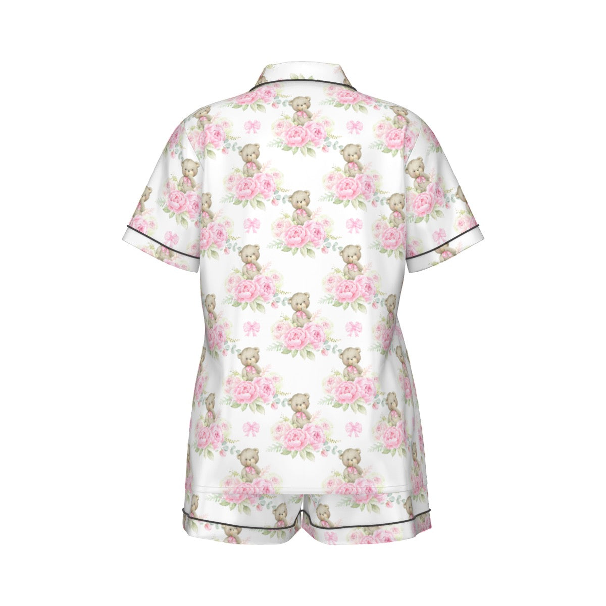 Pink Floral Teddy Bear Women's Pajama Set With Short Sleeve
