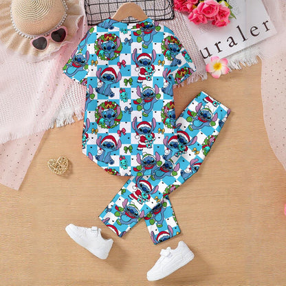 Santa Alien [blue check] Kids' Casual Top and Pants Set