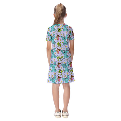 Purple Friendly Monsters Kid's Short Sleeve Dress