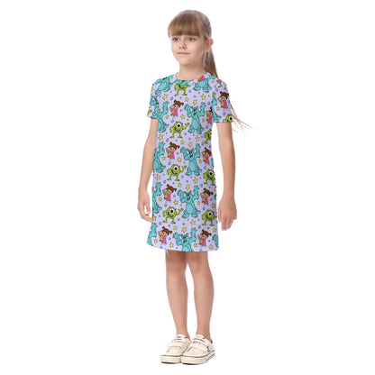 Purple Friendly Monsters Kid's Short Sleeve Dress