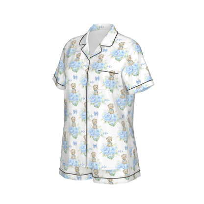 Blue Floral Teddy Bear Women's Pajama Set With Short Sleeve