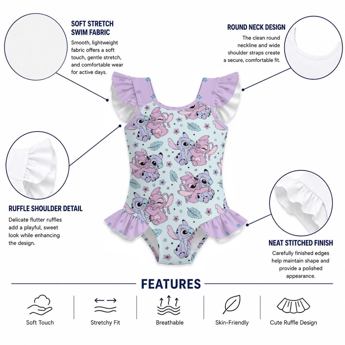 Alien Friends Girls' Ruffle Sleeve Swimsuit With Bow