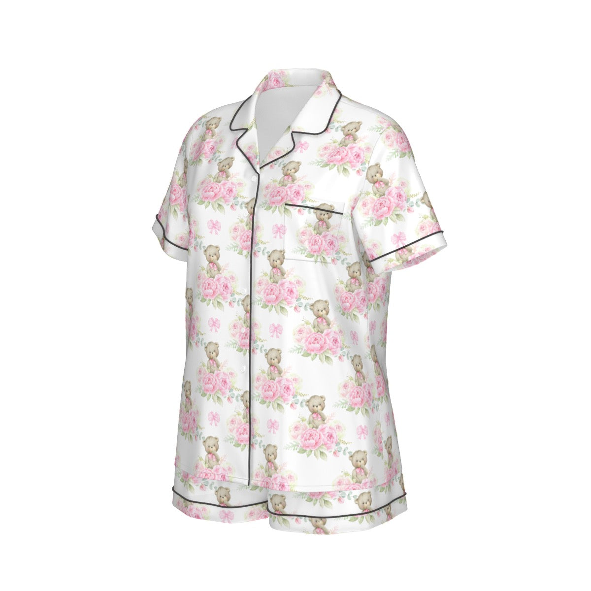 Pink Floral Teddy Bear Women's Pajama Set With Short Sleeve