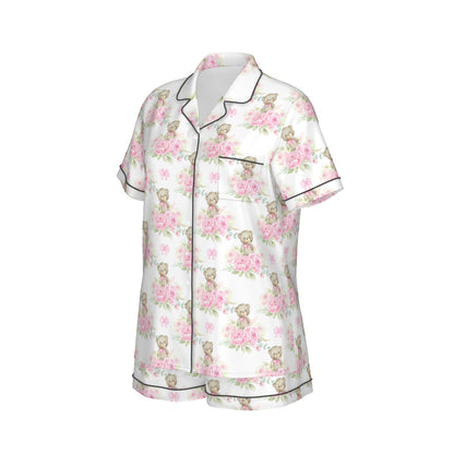 Pink Floral Teddy Bear Women's Pajama Set With Short Sleeve