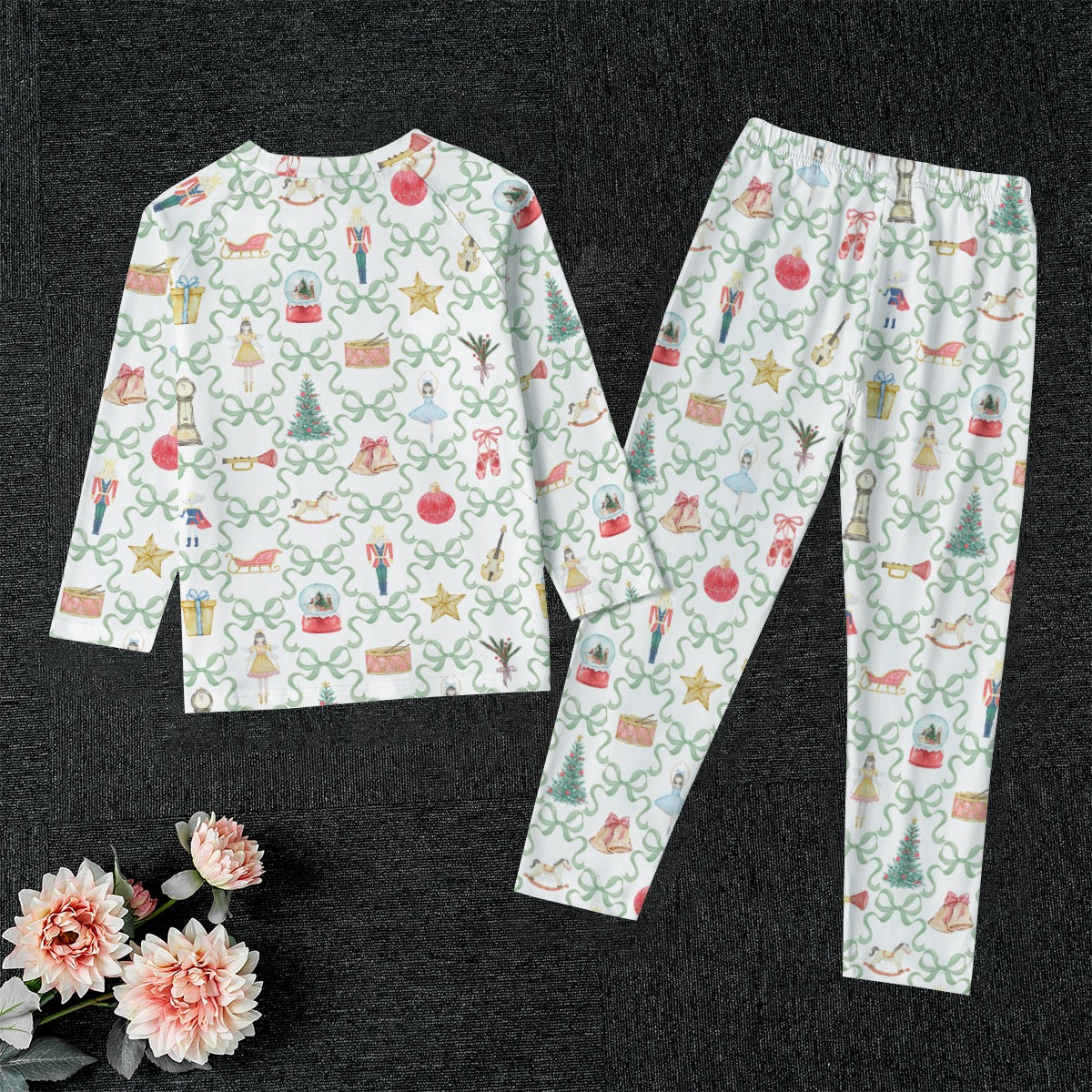 Green Bow Trellis Nutcracker Kid's Raglan Sleeve Pajamas
