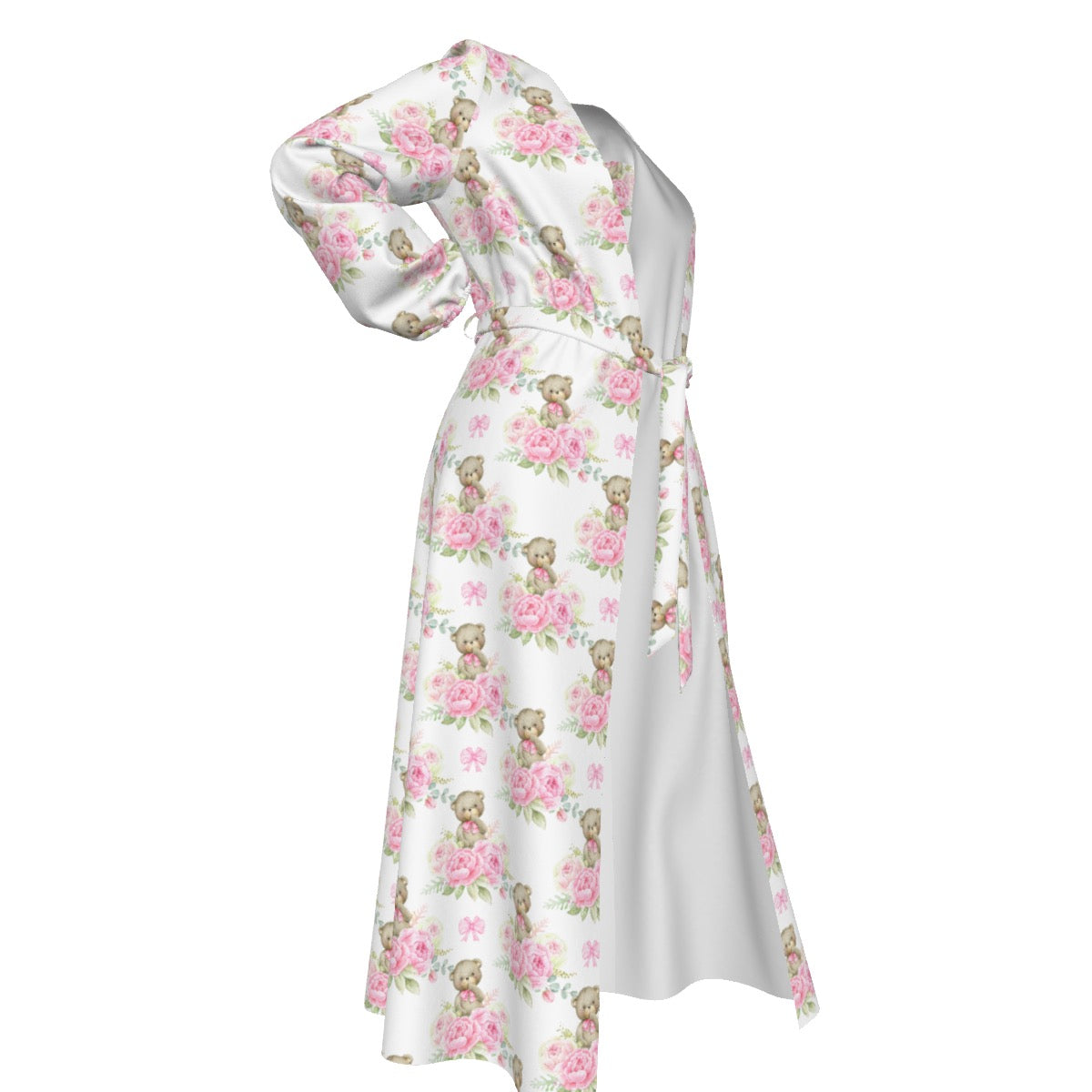 Pink Floral Teddy Bear Women's Lace-up Chiffon Robe