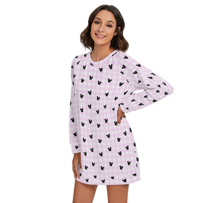 Bright Pink Gingham Women's Round Neck Raglan Sleeve Sweater