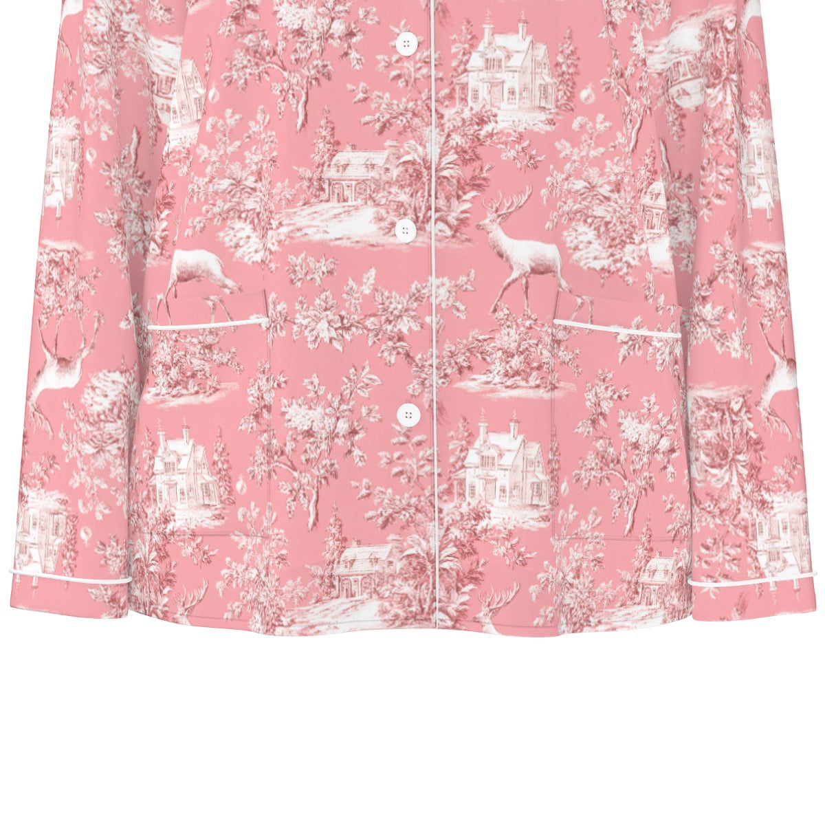 Pink Christmas Toile Women's Long Sleeve Pajama Set With White Contrast Piping