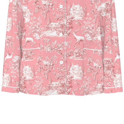 Pink Christmas Toile Women's Long Sleeve Pajama Set With White Contrast Piping