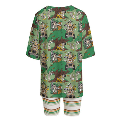 Green Safari & Stripe Women's T-shirt Set With Short Sleeve
