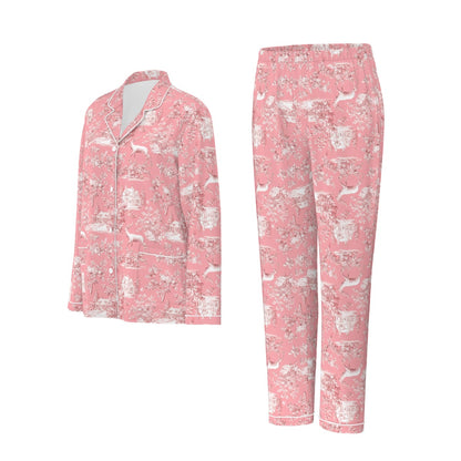 Pink Christmas Toile Women's Long Sleeve Pajama Set With White Contrast Piping