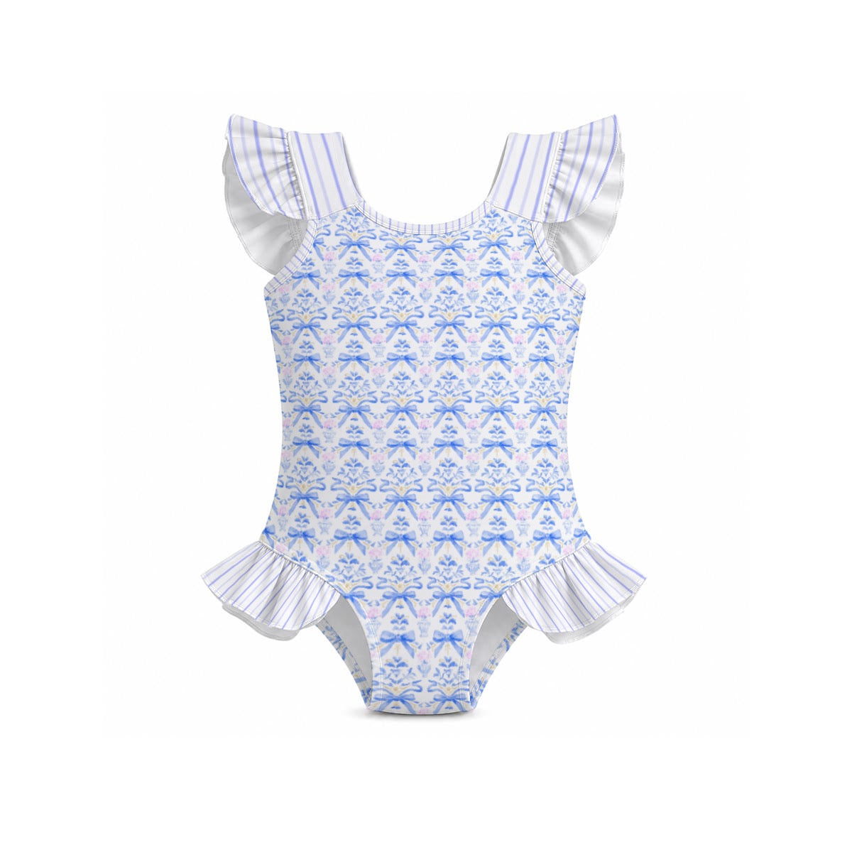 Blue Bow & Urn Ruffle Sleeve Swimsuit With Bow