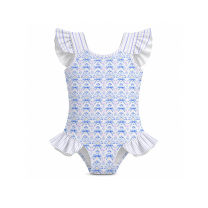 Blue Bow & Urn Ruffle Sleeve Swimsuit With Bow