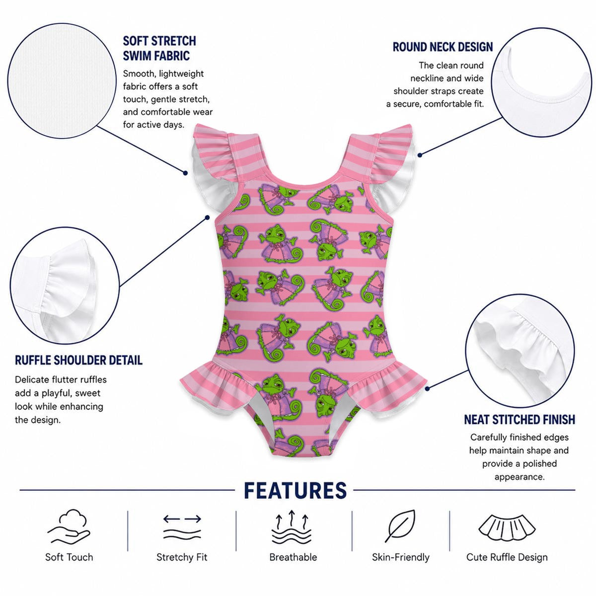 Chameleon Stripe Girls' Ruffle Sleeve Swimsuit With Bow