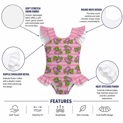 Chameleon Stripe Girls' Ruffle Sleeve Swimsuit With Bow