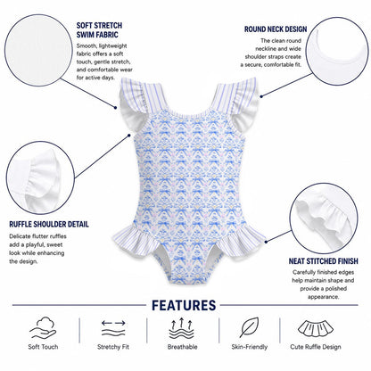 Blue Bow & Urn Ruffle Sleeve Swimsuit With Bow