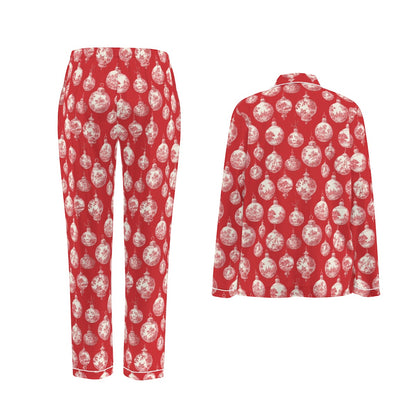 Red Toile Christmas Ornaments Women's Long Sleeve Pajama Set With White Contrast Piping