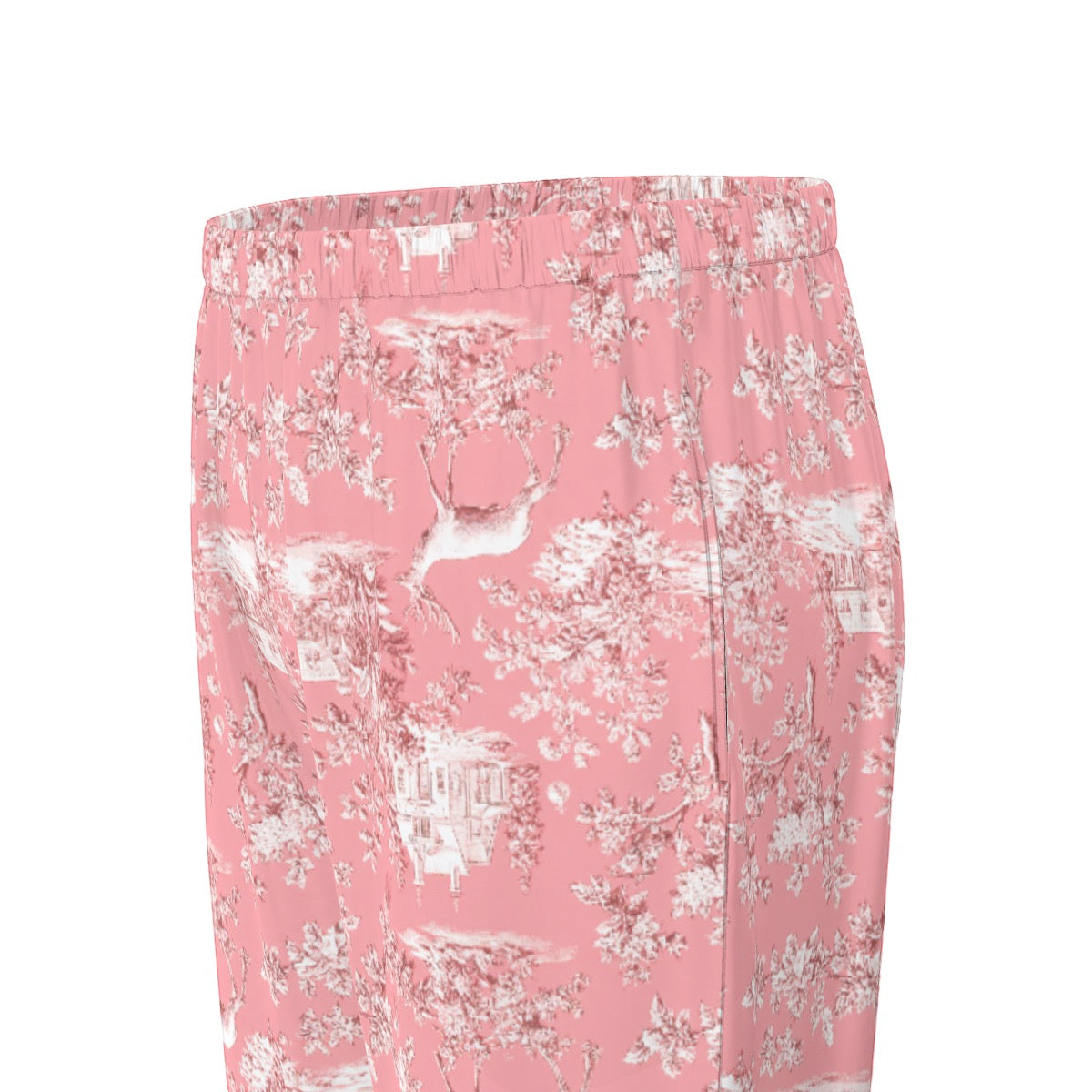 Pink Christmas Toile Women's Long Sleeve Pajama Set With White Contrast Piping