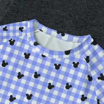 Bright Blue Gingham Men's Raglan Sleeve Pajamas With Wide Ankles