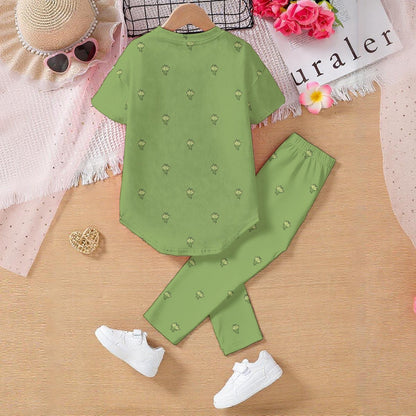 Green Lotus Flower Kids' Casual Top and Pants Set