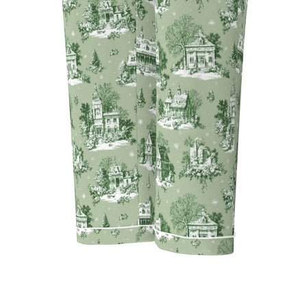 Sage Christmas Toile Women's Long Sleeve Pajama Set With White Contrast Piping