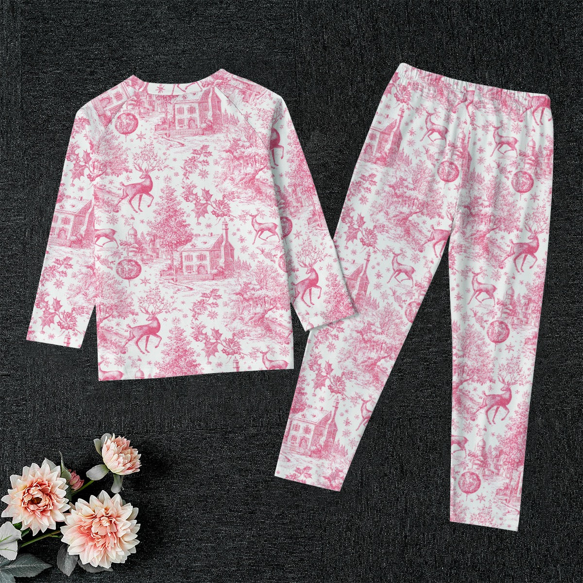 Hot Pink Christmas Toile Kid's Raglan Sleeve Pajamas